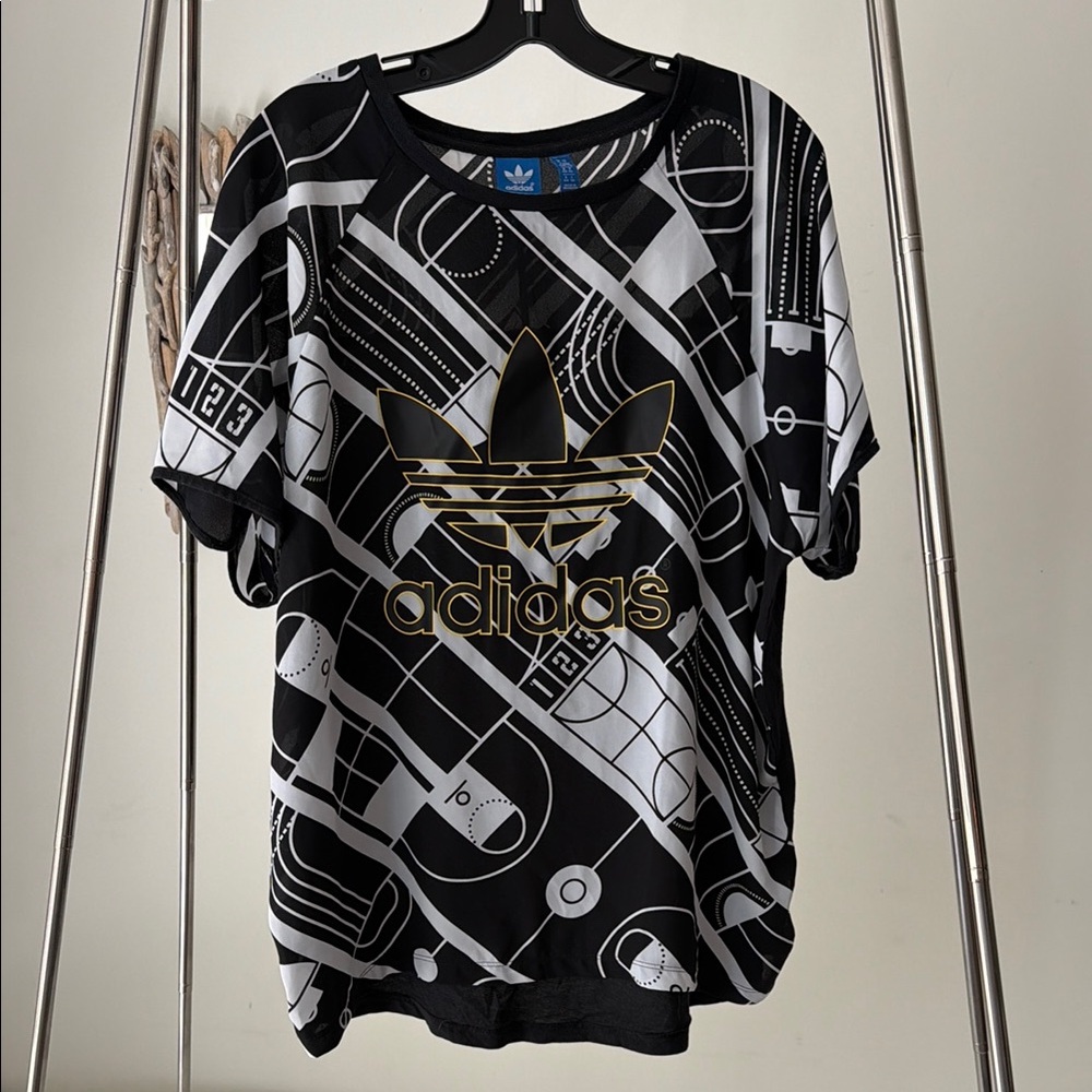 Adidas Black & White Graphic Tee with Gold Logo